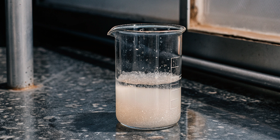 A beaker showing a cloudy white suspension of aluminum hydroxide in water
