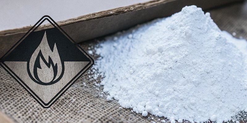 A sample of white aluminum hydroxide powder with a flame icon next to it