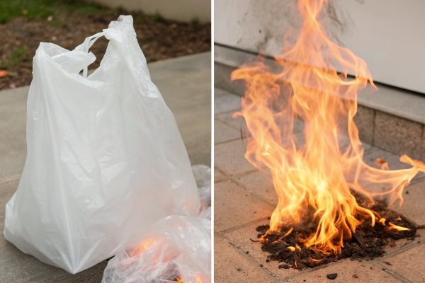 alt with keywords: A split image showing a normal plastic burning and a fire-retardant plastic smoldering and self-extinguishing