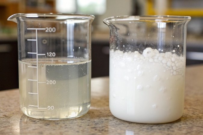 alt with keywords: A split beaker showing a clear solution on the left and a cloudy solution with white precipitate on the right after adding a base.