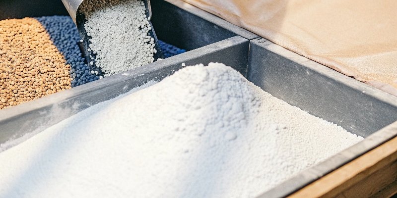 alt with keywords: Pellets of raw plastic being mixed with white flame-retardant powder in a hopper