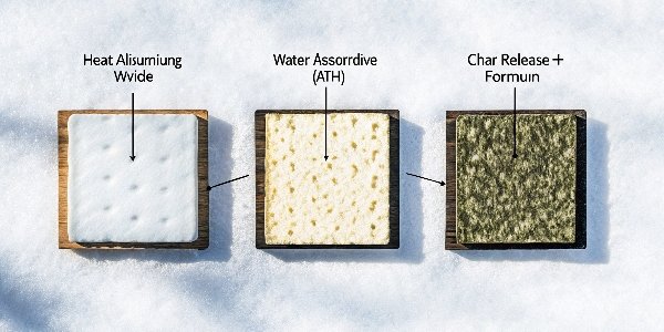 The Mechanism of Aluminum Hydroxide Flame Retardancy A simple diagram illustrating the three fire-stopping mechanisms of ATH: heat absorption, water release, and char layer formation