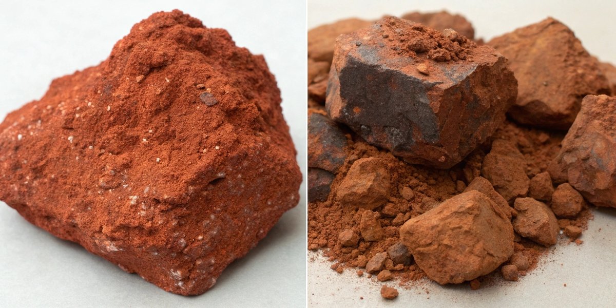Iron Ore vs. Bauxite Ore A side-by-side comparison of reddish iron ore and clay-like bauxite ore