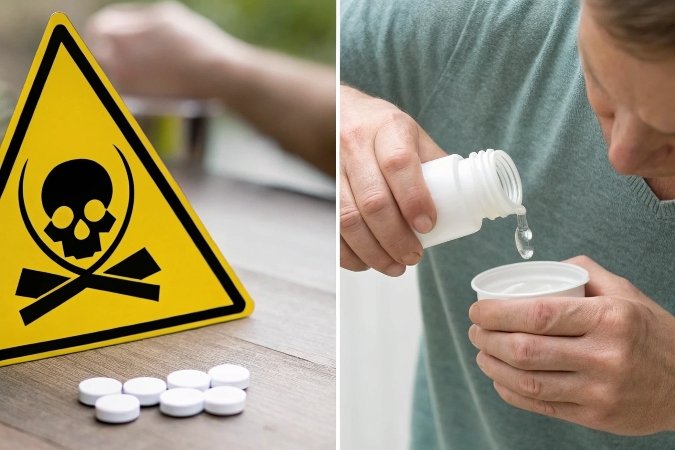 alt with keywords: A split image showing corrosive warning symbols on one side and a person taking an antacid tablet on the other