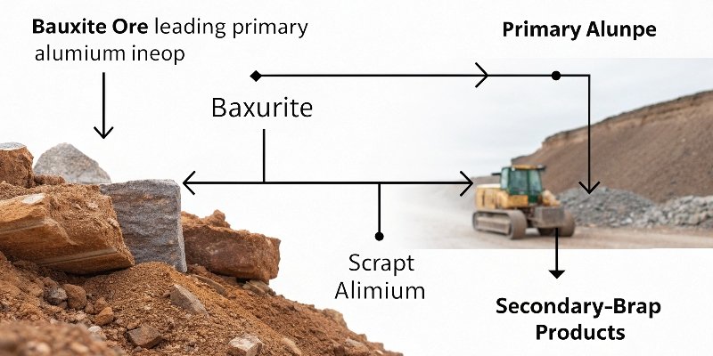 Production Paths of Primary and Secondary Aluminum A simple flowchart showing bauxite ore leading to a primary ingot, and scrap products leading to a secondary ingot