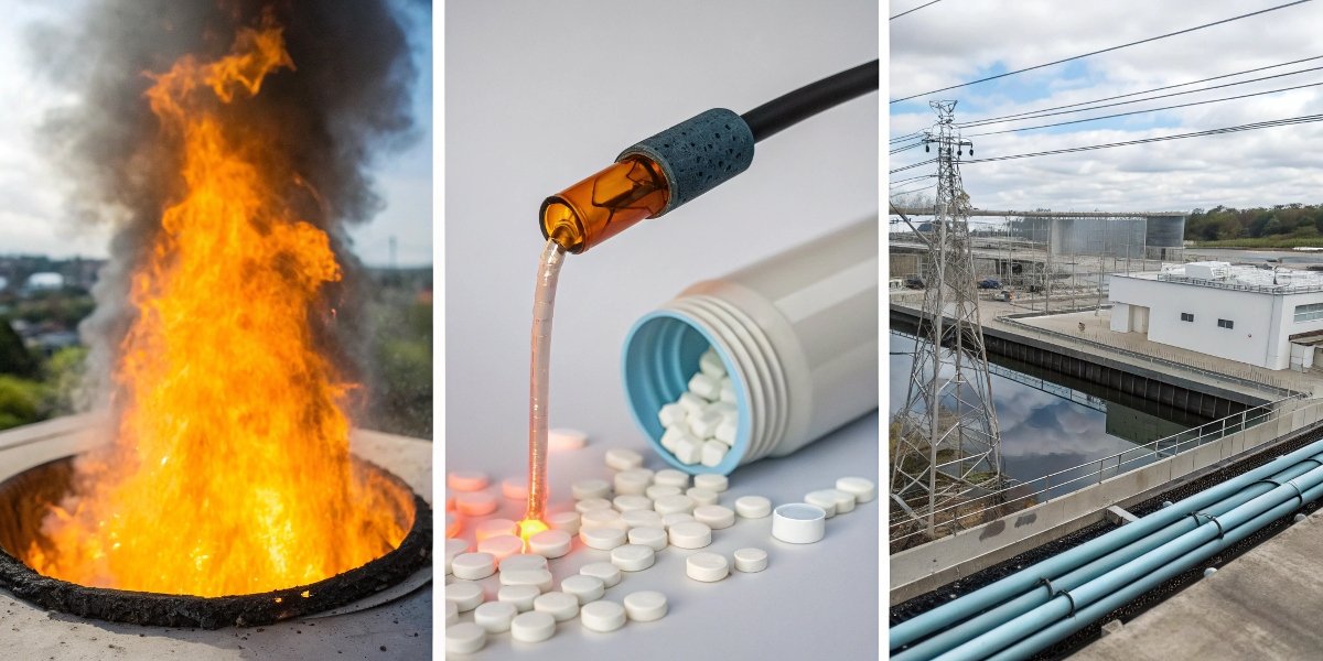A collage of images: a non-flammable cable, a bottle of Milk of Magnesia, and a water treatment facility