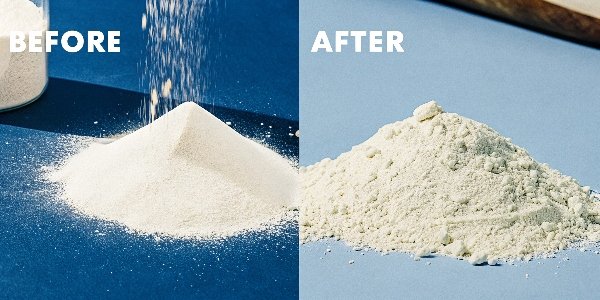 Fluxing to Improve Dross Removal A before-and-after image showing clumpy, metallic dross on the left and dry, powdery dross after fluxing on the right.