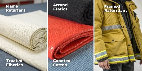 Comparison of Flame Retardant Fabrics A collage showing different flame retardant fabrics like aramid, treated cotton, and fiberglass