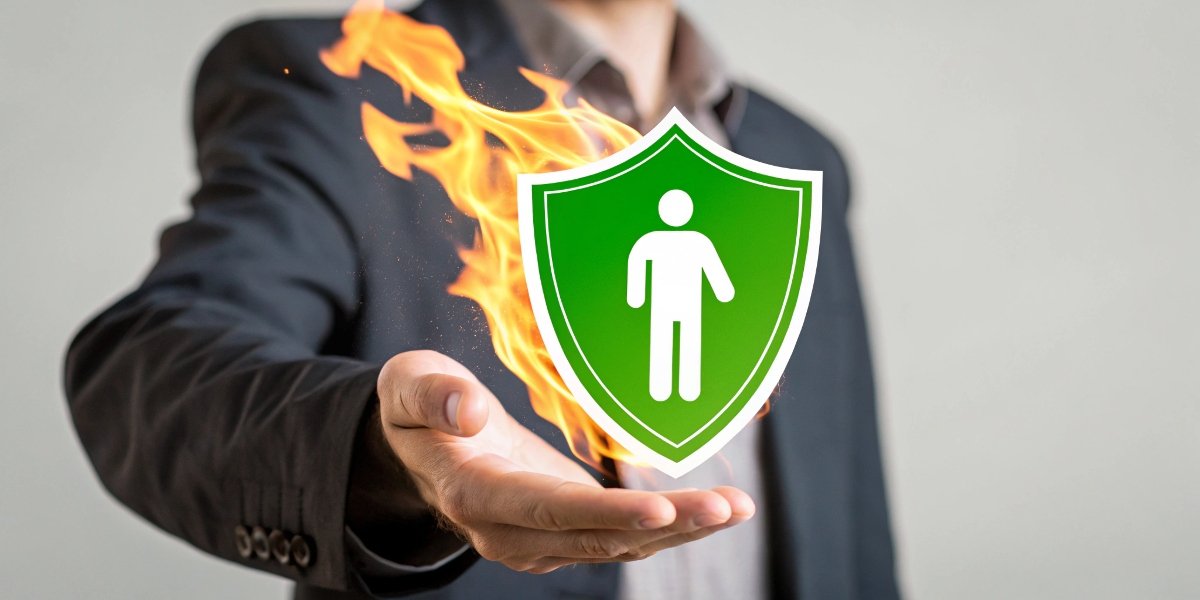 A graphic showing a green shield icon protecting a human silhouette from a flame