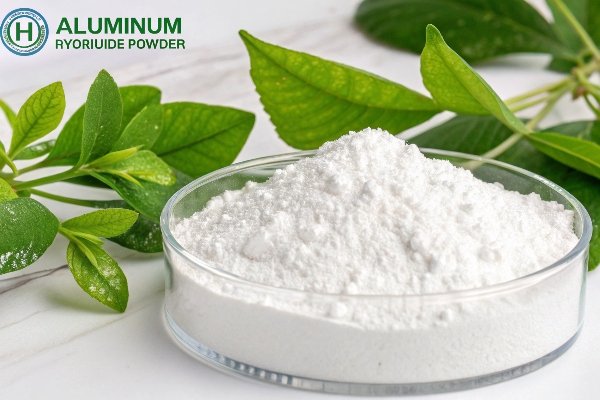 Eco-Friendly Flame Retardants An image showcasing aluminum hydroxide powder next to a depiction of green, leafy plants, highlighting its eco-friendly nature.