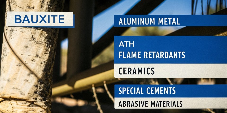 A flowchart showing bauxite at the top branching out to aluminum, flame retardants, and ceramics
