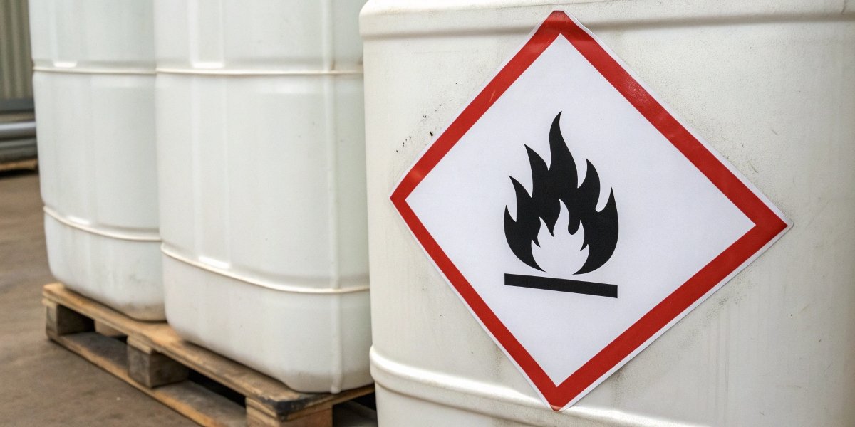 A photo of the UN Class 4.1 warning symbol for flammable solids on a container.