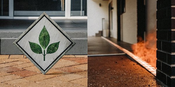 A graphic contrasting a hazardous chemical symbol with a green leaf symbol