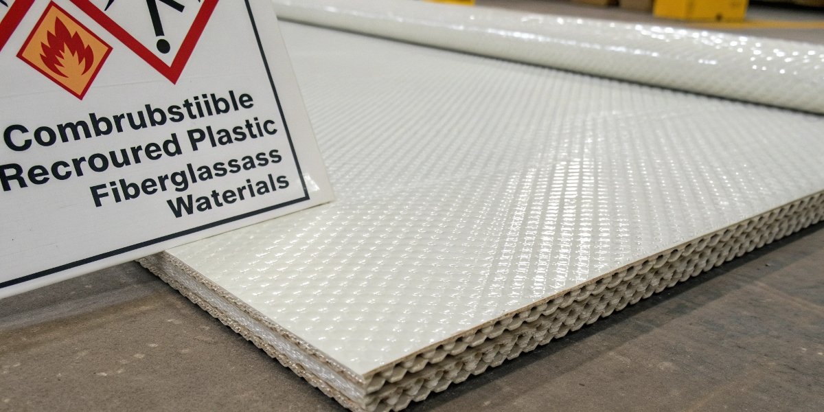 Fiberglass Composites are Combustible A photo of a combustible materials warning label next to a sheet of fiberglass reinforced plastic (FRP).