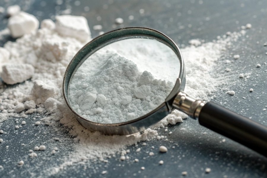alt with keywords: A magnifying glass focused on aluminum hydroxide powder in water, showing no visible signs of dissolving.