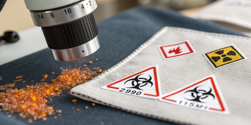Toxic vs. Non-Toxic Flame Retardant Fabric Treatments A microscope view showing toxic chemical symbols leaving a fabric, contrasted with safe mineral particles embedded in another