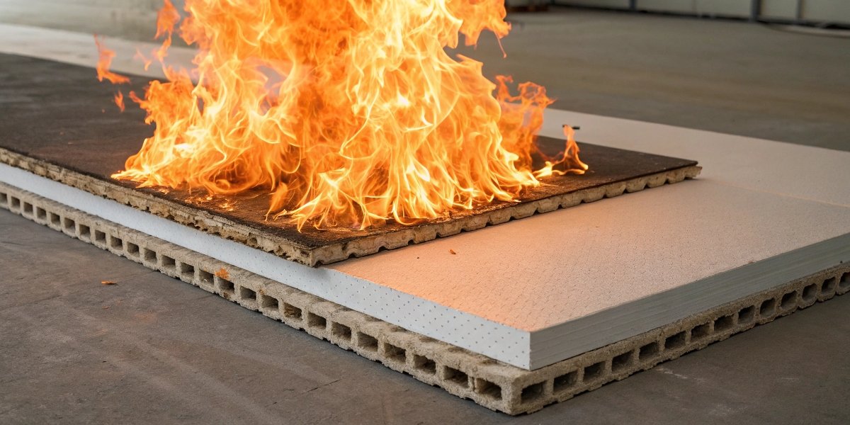 A dramatic image contrasting a burning PE-core panel with an FR panel that is merely charring under a flame.