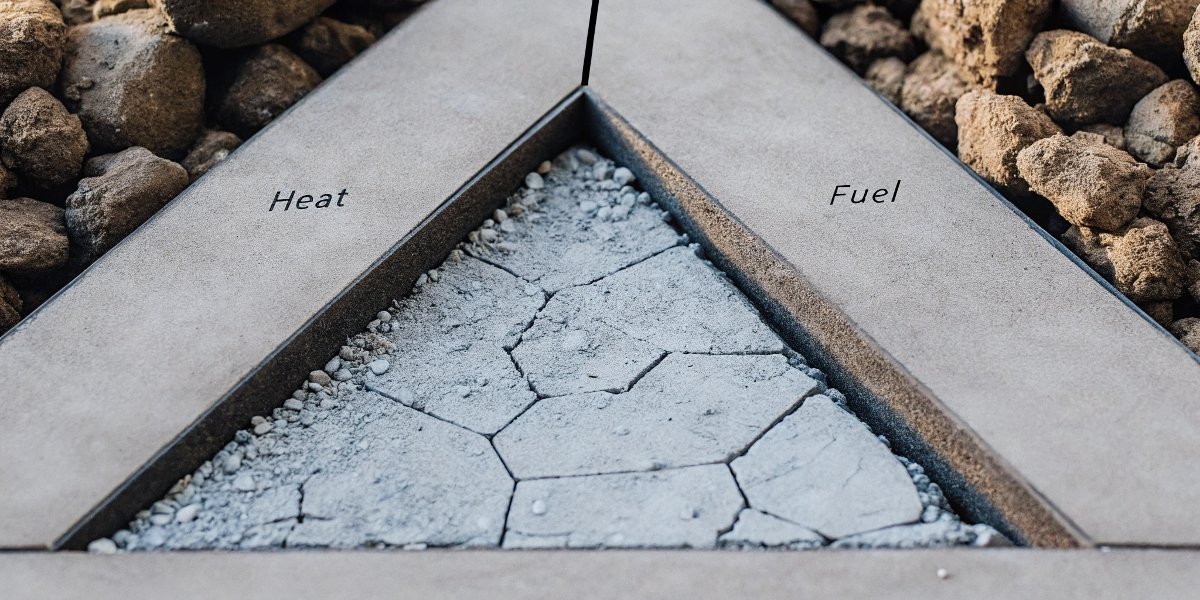 A diagram showing the fire triangle (heat, fuel, oxygen) with an arrow from a hydrated mineral pointing to 'heat' and 'fuel' with a 'X' over them