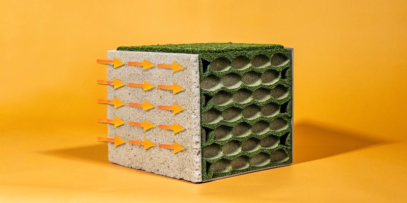 A diagram showing a phenolic foam cell structure infused with ATH particles, with arrows indicating heat absorption and water vapor release