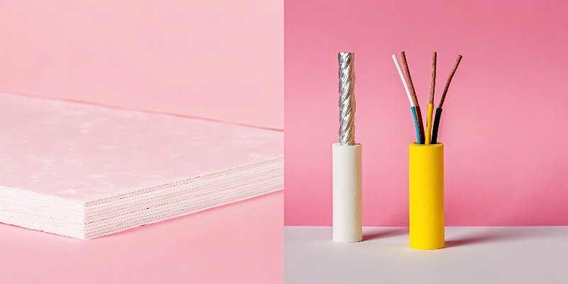 A collage of products containing ATH: electrical cables, a modern countertop, and construction panels