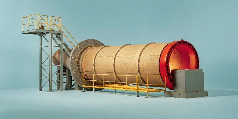 Extracting Aluminum from Dross An industrial rotary furnace, a large cylindrical kiln tilted at an angle, used for recycling aluminum dross.