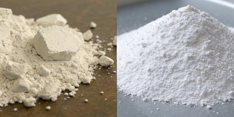 Aluminum Hydroxide vs. Aluminum Oxide A comparison showing a soft powder (hydroxide) and a hard ceramic piece (oxide) to highlight their different natures