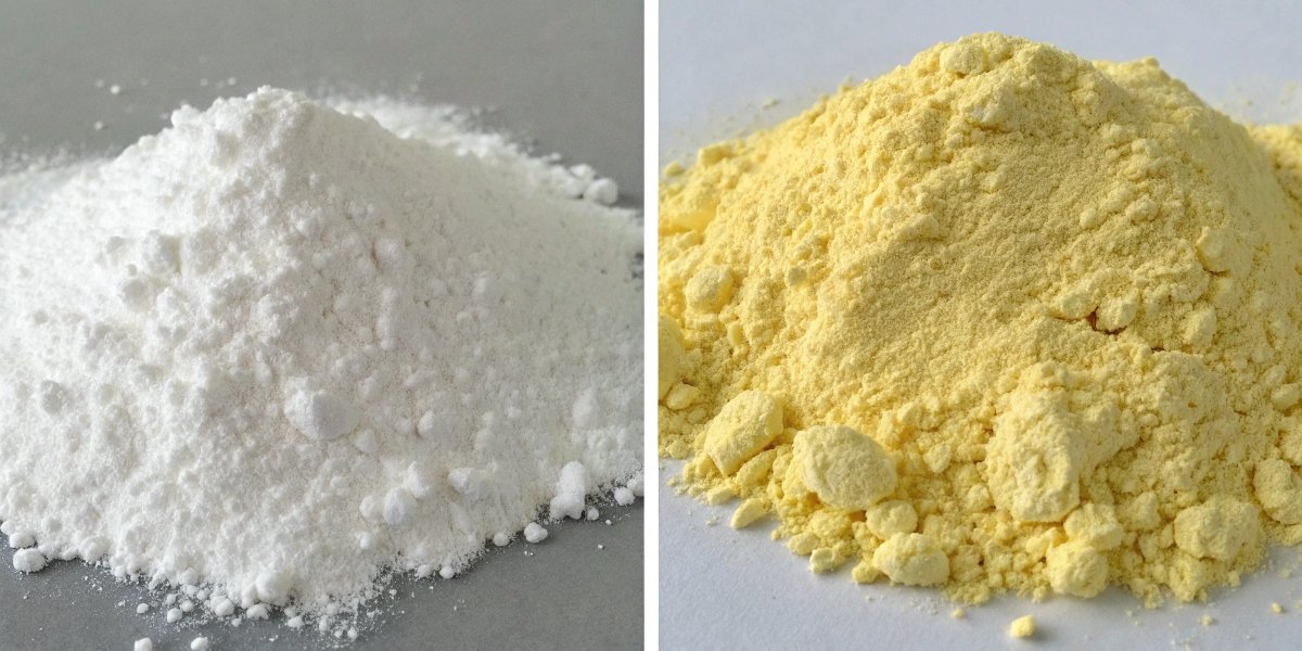 A side-by-side comparison of stable white aluminum sulfate powder and moisture-reactive yellowish aluminum sulfide powder.
