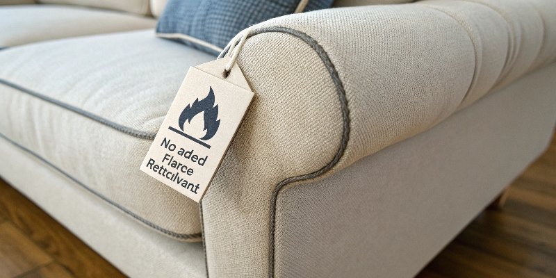 Furniture Label Disclosing No Added Flame Retardants A picture of a furniture tag with the text "Contains NO added flame retardant chemicals"
