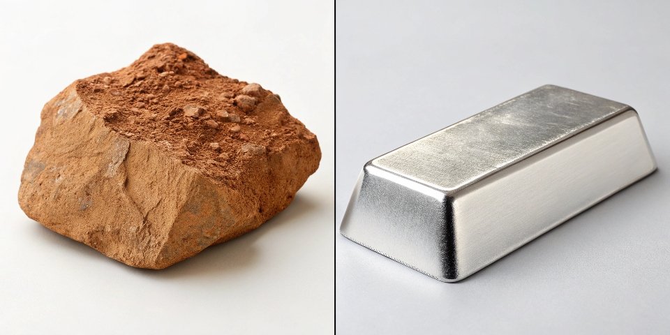 An earthy piece of raw bauxite rock on one side and a gleaming, smooth aluminum ingot on the other