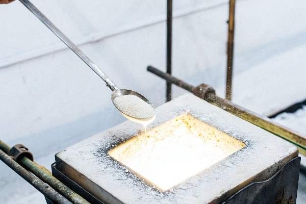 alt with keywords: A spoonful of salt being sprinkled over molten aluminum in a crucible to act as a flux