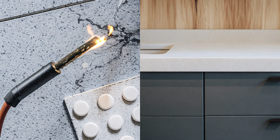A composite image showing a wire-on-fire being extinguished, an antacid tablet, and a modern kitchen countertop