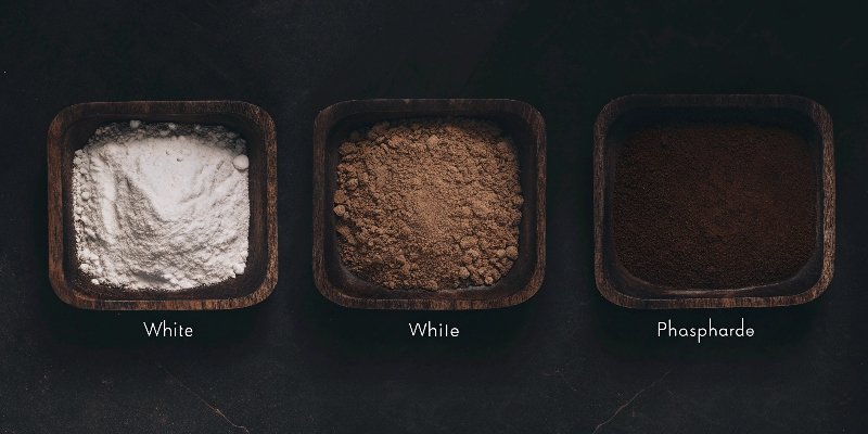 alt with keywords: Different types of flame retardant powders: white mineral, off-white phosphorus, and another chemical