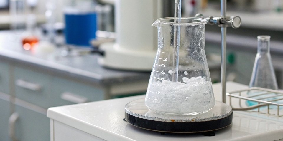 A beaker showing Al(OH)3 powder dissolving in a clear NaOH solution