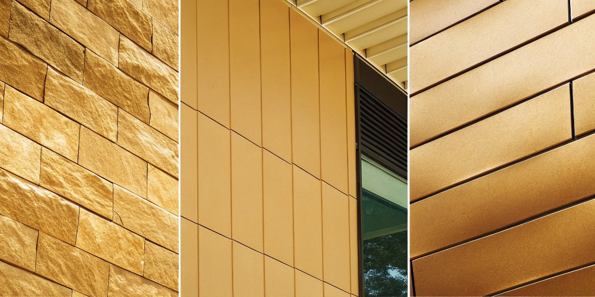 A side-by-side comparison of stone cladding, solid metal cladding, and an A2-grade ACP panel.