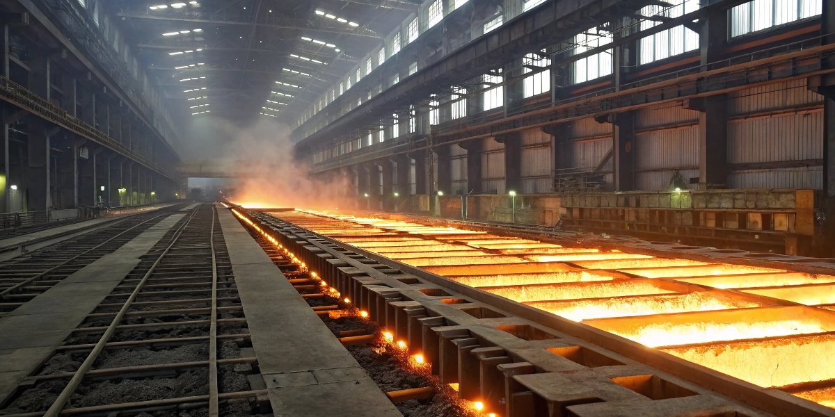 Aluminum Smelter Pot Line A photo of the inside of an aluminum smelter pot line with rows of cells
