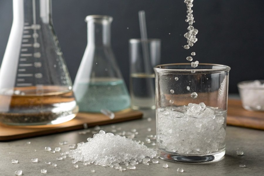 alt with keywords: A time-lapse photo showing crystals of aluminum nitrate disappearing quickly after being added to water.