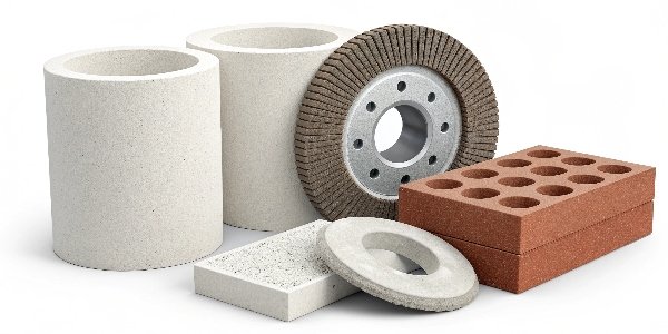 A collection of different alumina products: a grinding wheel, a refractory brick, and some ceramic parts