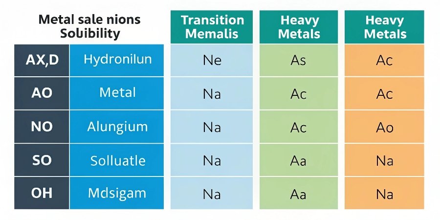 alt with keywords: A chart showing different metal ions, some forming precipitates with hydroxide and some not.