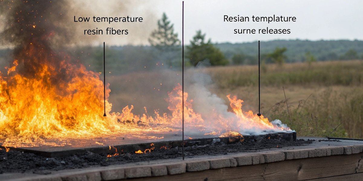 The Two-Stage Failure of Fiberglass A diagram showing a timeline of a fire: low temp -> resin burns; high temp -> glass melts.