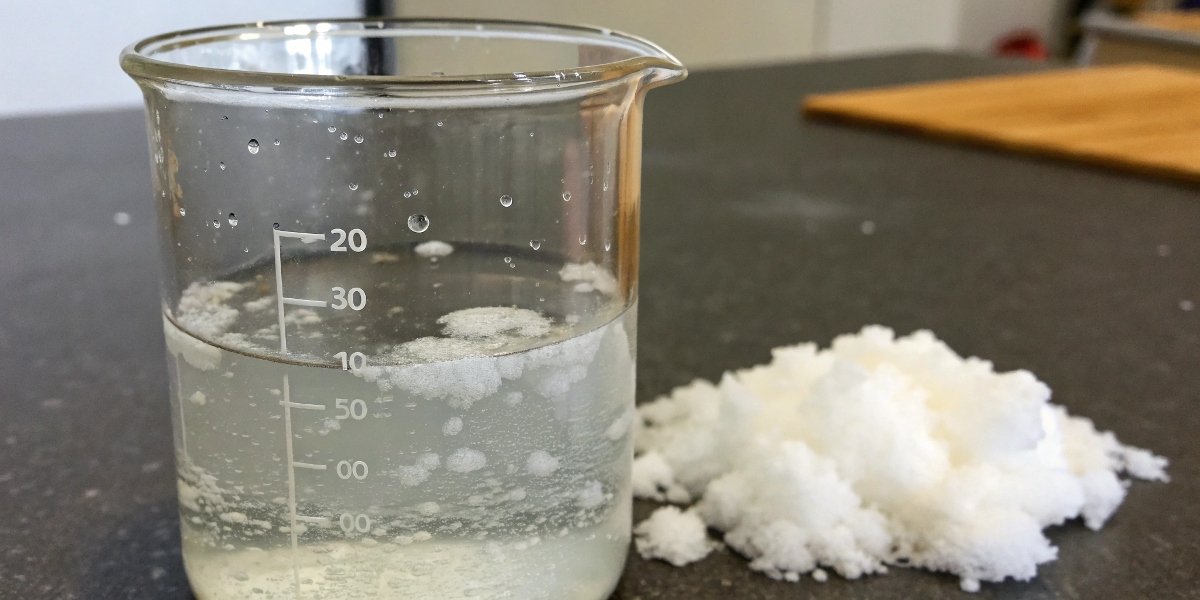 A visual showing a beaker of cloudy water clearing up after a few drops of aluminum sulfate solution are added, with visible clumps forming.