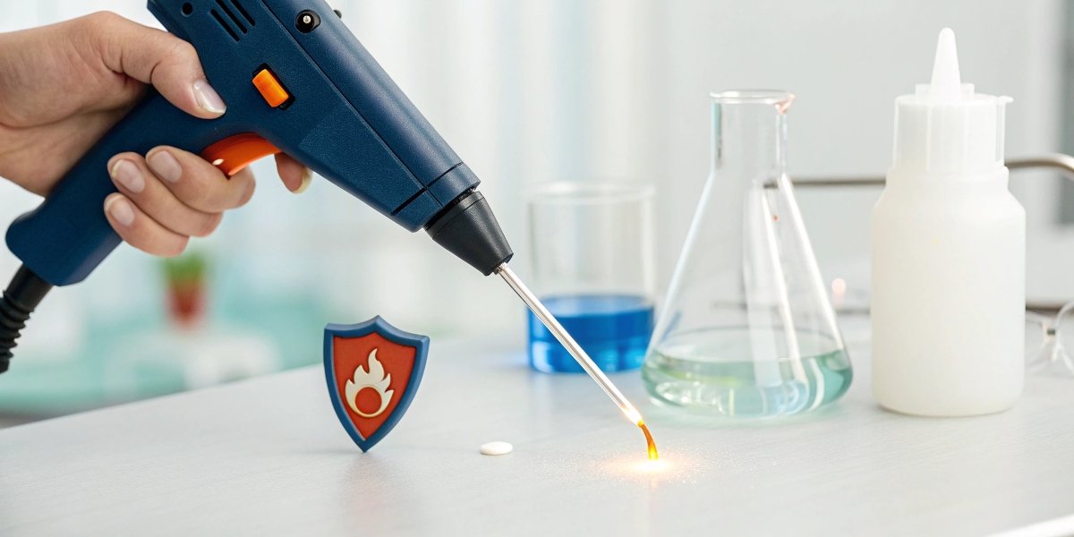 A graphic of a glue gun applying a bead of adhesive which has a small flame-retardant shield icon on it