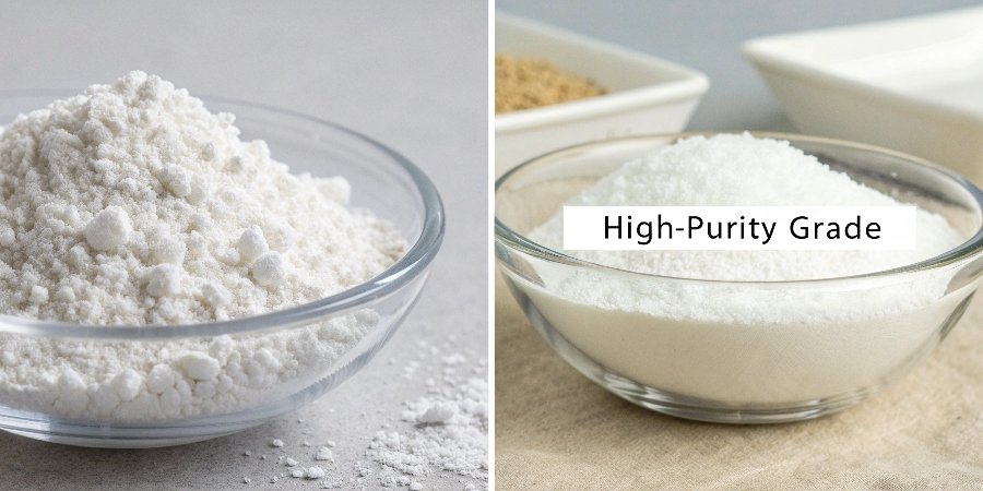 alt with keywords: A comparison photo showing standard white powder next to an ultra-brilliant white powder labeled 'High-Purity Grade'.