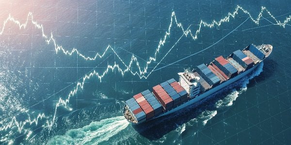 Challenges in the Flame Retardant Market An image showing a volatile stock chart superimposed over a cargo ship, representing price and supply chain risks