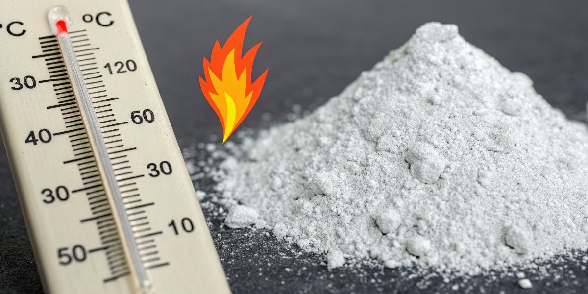 A graphic showing a thermometer pointing to 650°C for a pile of powder, and a small spark icon igniting a cloud of powder.