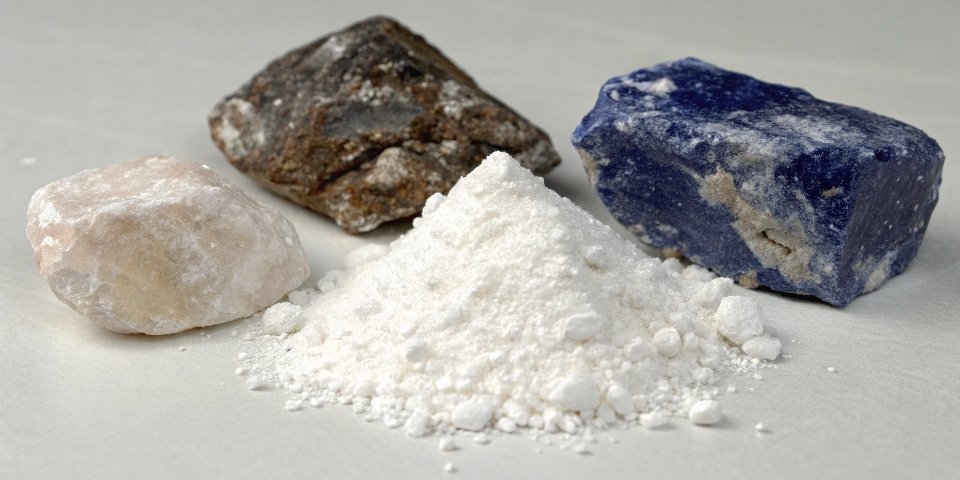 An image showing white alumina powder, a rough corundum crystal, and a polished sapphire