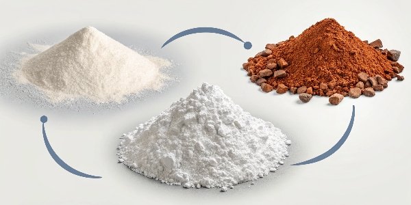 Bauxite Ore: The Mineral Source of Aluminum Hydroxide An image showing the journey from reddish bauxite ore to a pure white powder of aluminum hydroxide