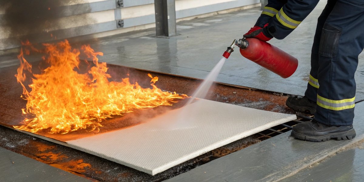 A graphic demonstrating how a flame on an FR ACP sheet is contained and self-extinguishes.