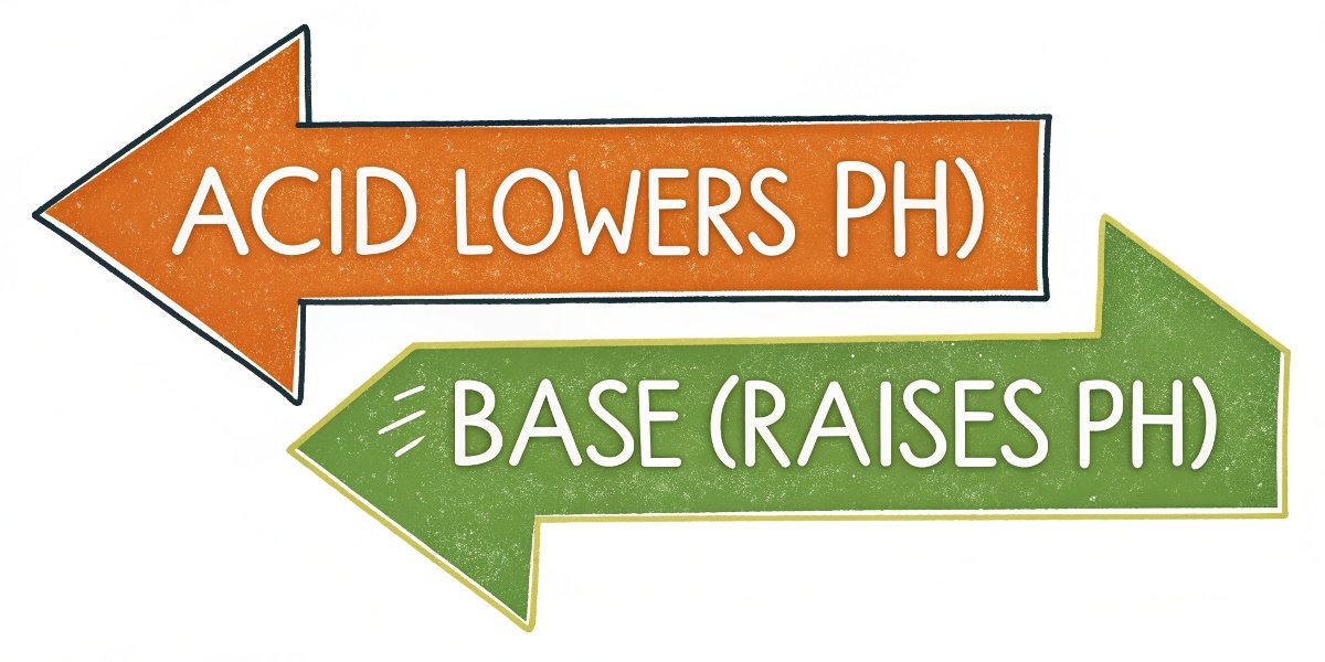 alt with keywords: Two opposing arrows, one labeled "Acid (Lowers pH)" and the other labeled "Base (Raises pH)".