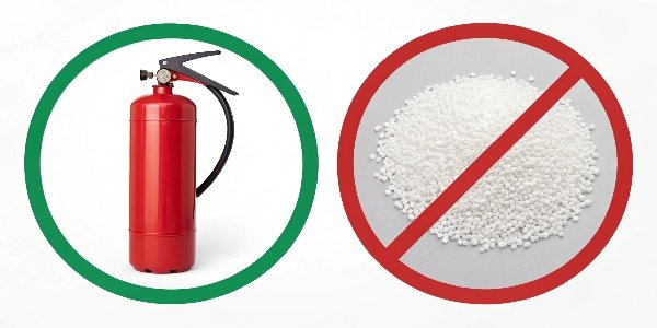 An image showing a NO symbol over a fire extinguisher, and a YES symbol over a plastic pellet, clarifying ATH's role