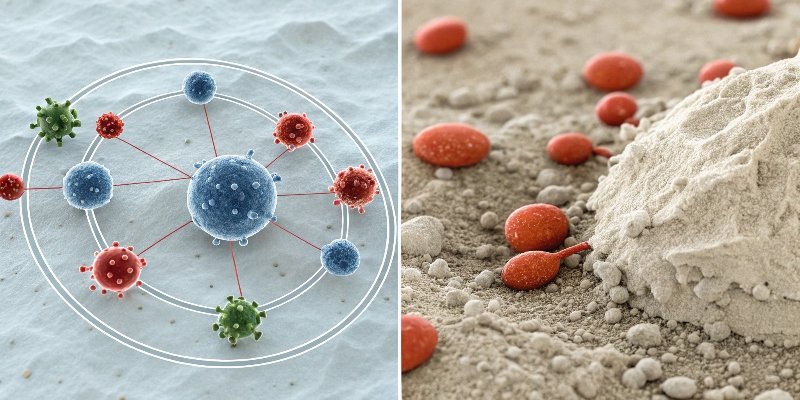 Health Impact of Different Flame Retardants Image contrasting a diagram of a toxic chemical disrupting human cells versus a diagram of inert mineral particles passing by